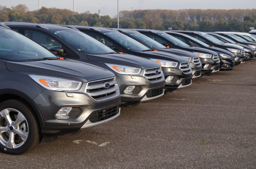 Ford cars lined up in the parking lot