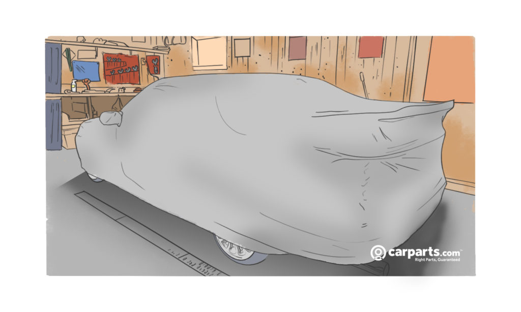 vehicle with indoor car cover in a garage