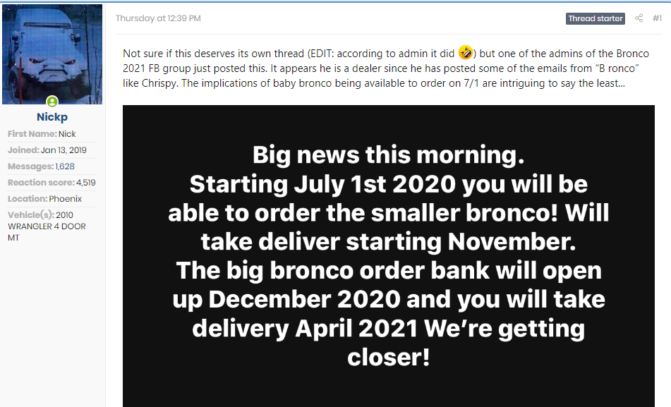 Post on Bronco forum saying orders for Ford Bronco Sport will open on July