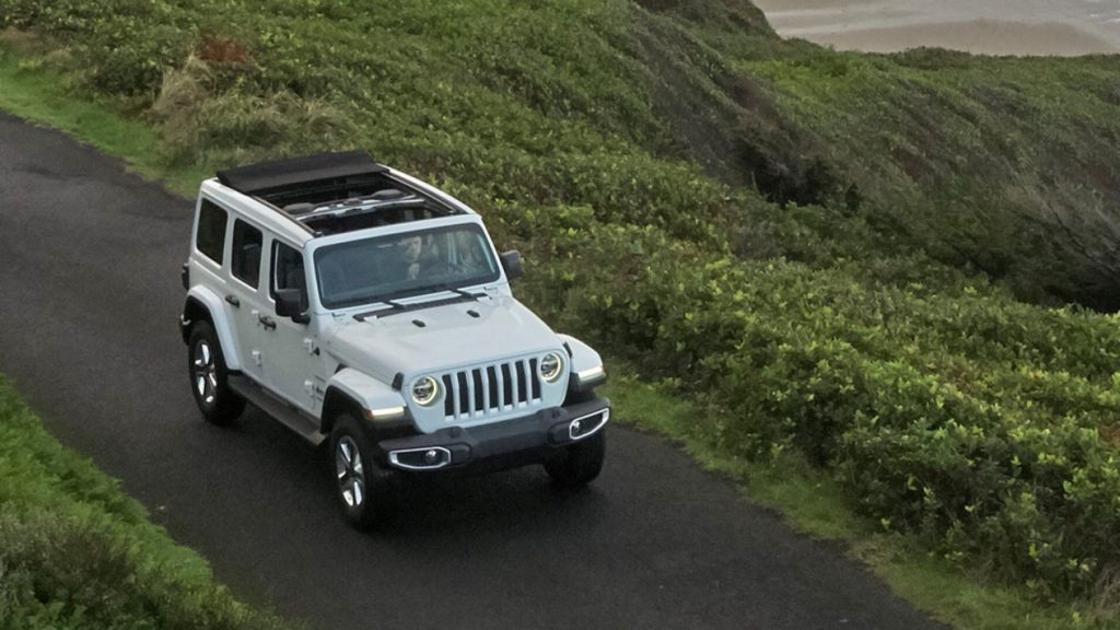 White Jeep Wrangler in the mountains