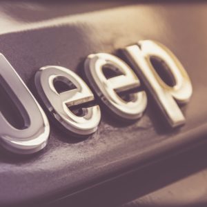 closeup of metal jeep badge logo