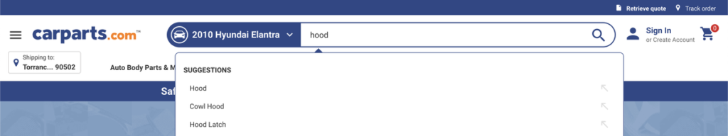 screenshot of carparts.com search bar