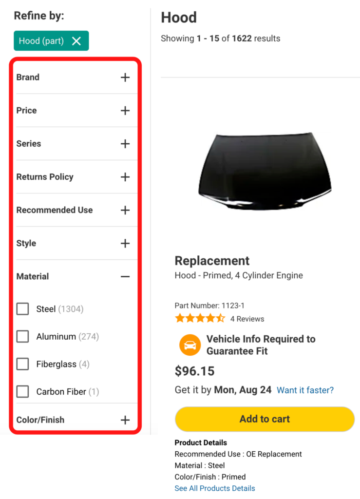 carparts.com product page filter screenshot