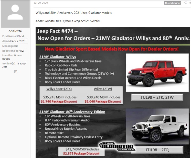 Screenshot of leaked Jeep Gladiator Willys document