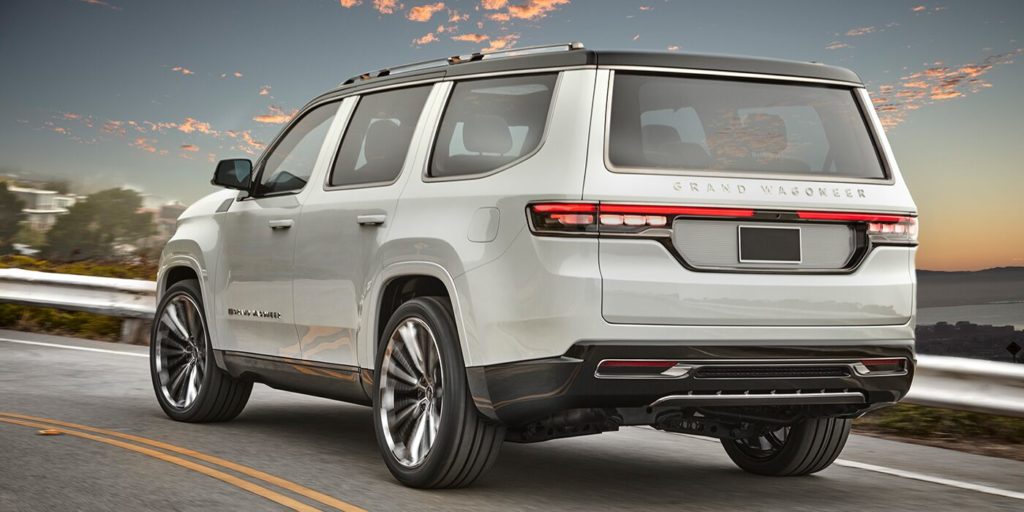 rear shot of all new jeep grand wagoneer parked outside