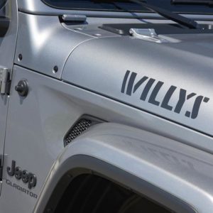 closeup of 2021 jeep gladiator willys hood decal