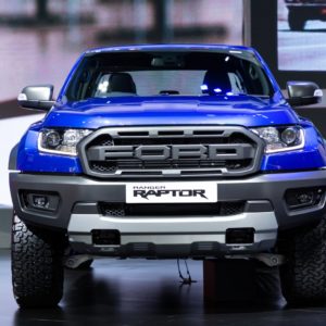 blue ford ranger raptor on display