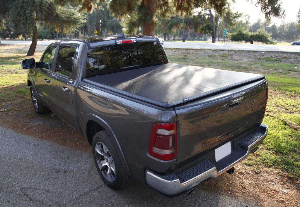 Black truck with folding tonneau cover