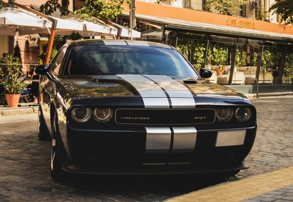 close up shot of a dodge challenger srt