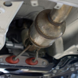 close view of a modern vehicle catalytic converter