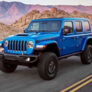 blue 2022 jeep wrangler on a desert