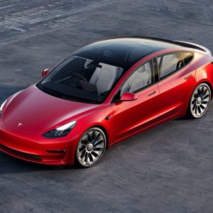 topview of a red 2022 tesla model 3