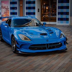 front view of a blue dodge viper