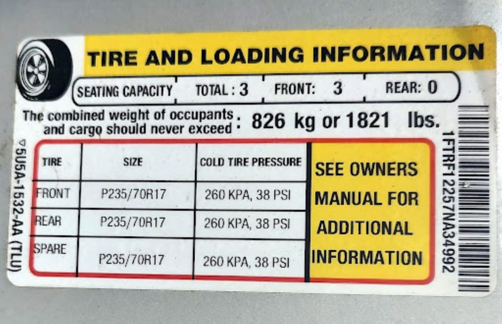 tire pressure guide sticker