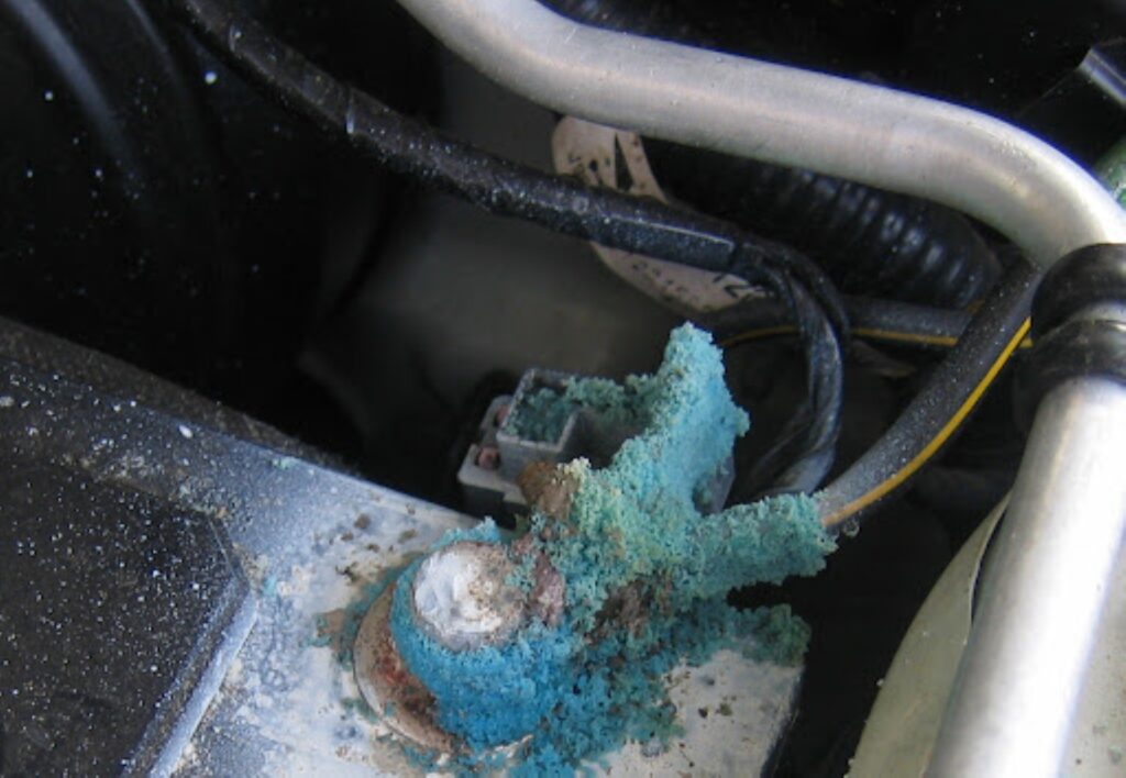 close up shot of a corroded battery terminal