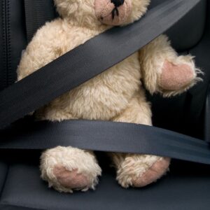 stuffed toy with car seat belt on