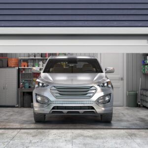 silver suv inside a garage