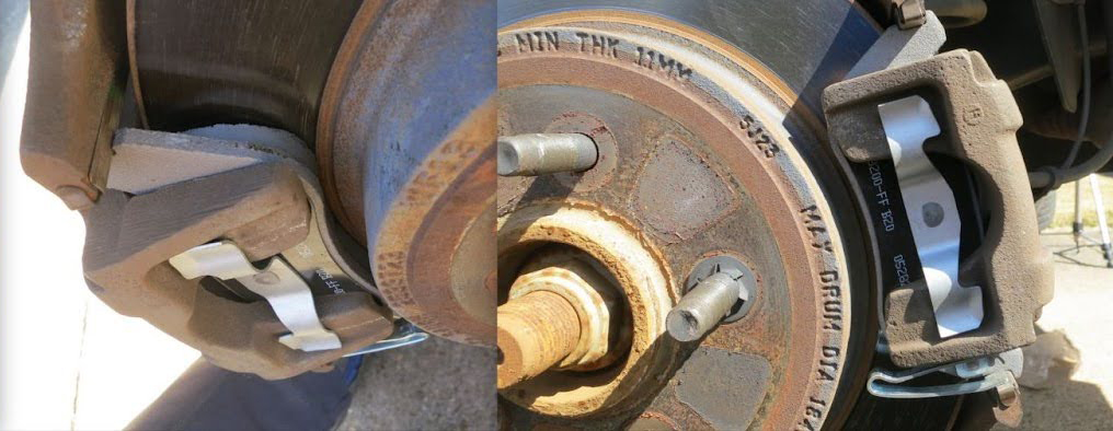 brake pads installed on a vehicle