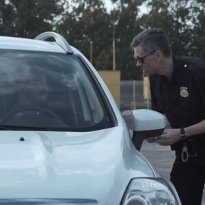 police talking to a driver of a civilian car