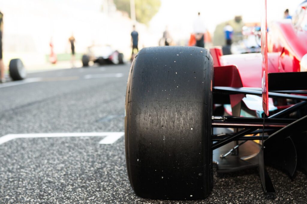 close up shot of a race car's slick tire