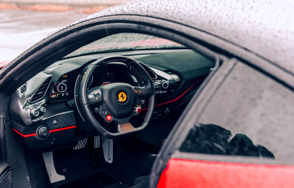 flat bottom steering wheel and interior of a ferrari