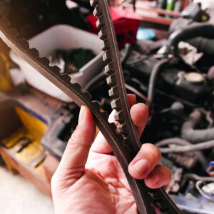 hand holding a replacement timing belt