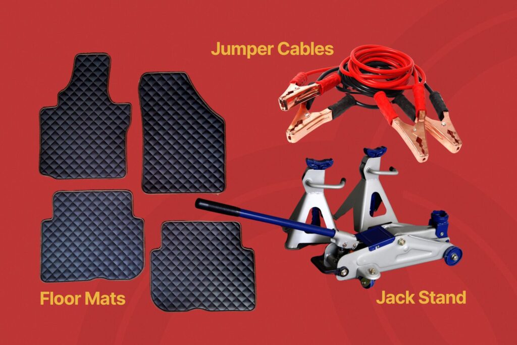 floor mats jumper cable and jack stand isolated images